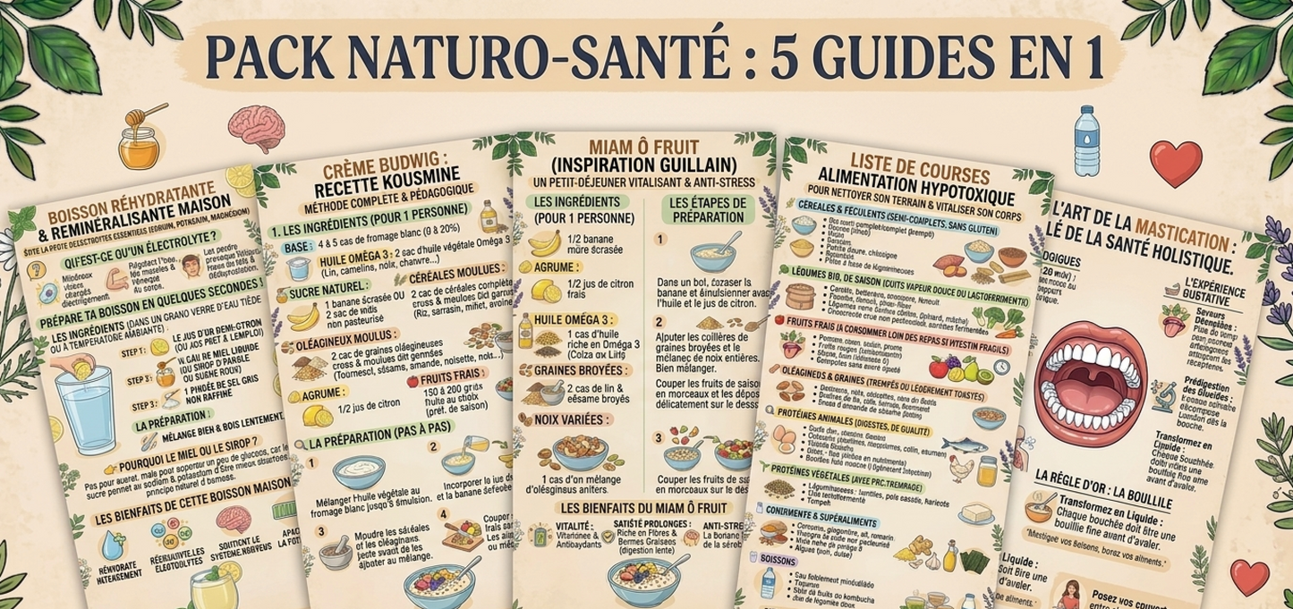 Pack 5 Fiches PDF Nutrition Vitalité : Recettes Budwig, Miam-Ô-Fruit, Boisson Électrolytes, Mastication & Liste de Courses hypotoxique